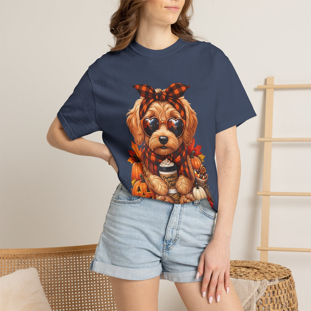 Funny Doodle Drinking Coffee & Sitting On Pumpkins Fall T-Shirt