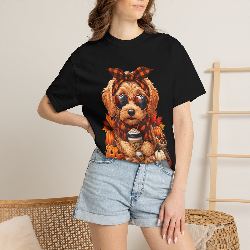 Funny Doodle Drinking Coffee & Sitting On Pumpkins Fall T-Shirt