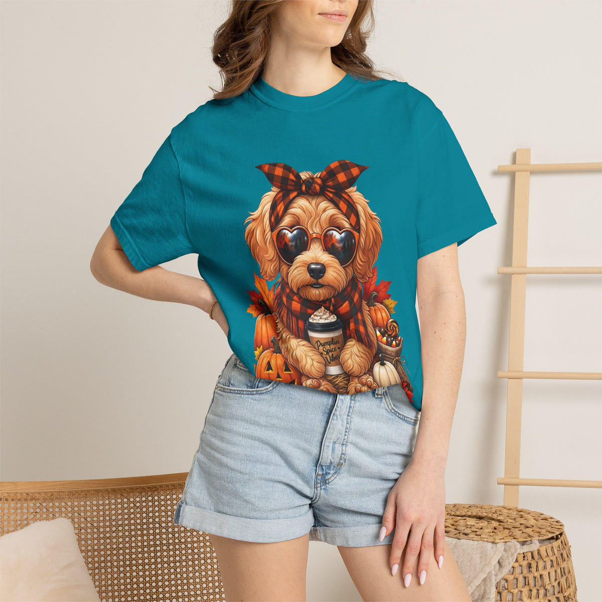Funny Doodle Drinking Coffee & Sitting On Pumpkins Fall T-Shirt