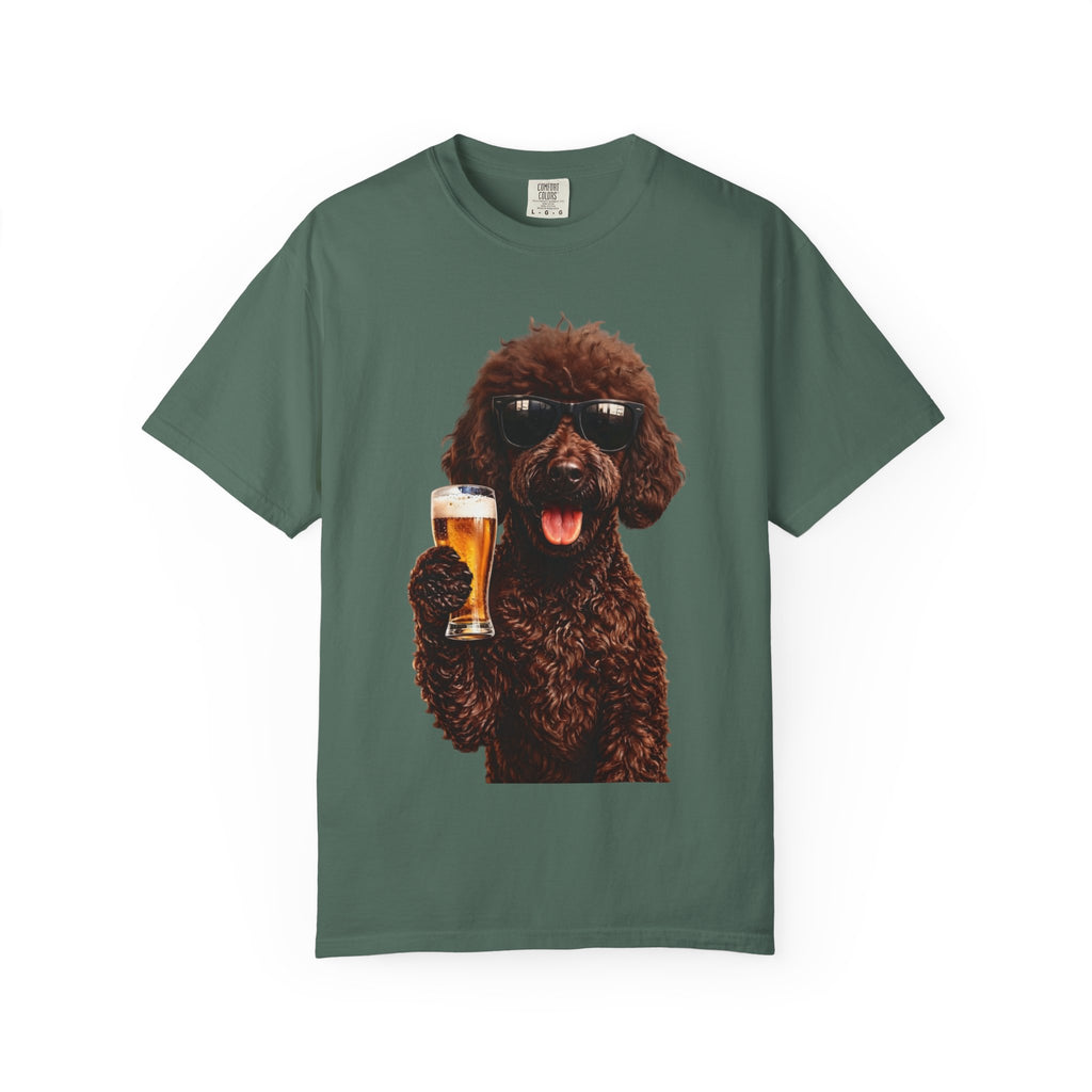 RED DOODLE — Sunglasses on. Beer in paw. Good times ahead.