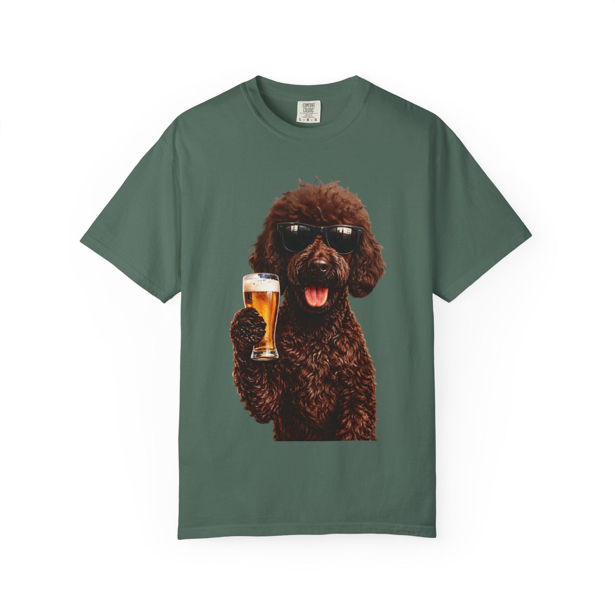 RED DOODLE — Sunglasses on. Beer in paw. Good times ahead.