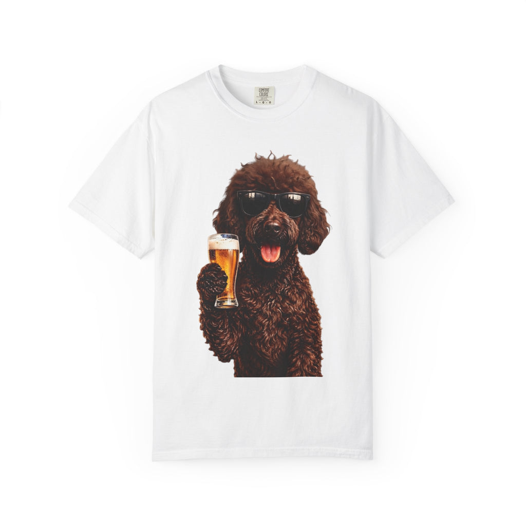 RED DOODLE — Sunglasses on. Beer in paw. Good times ahead.