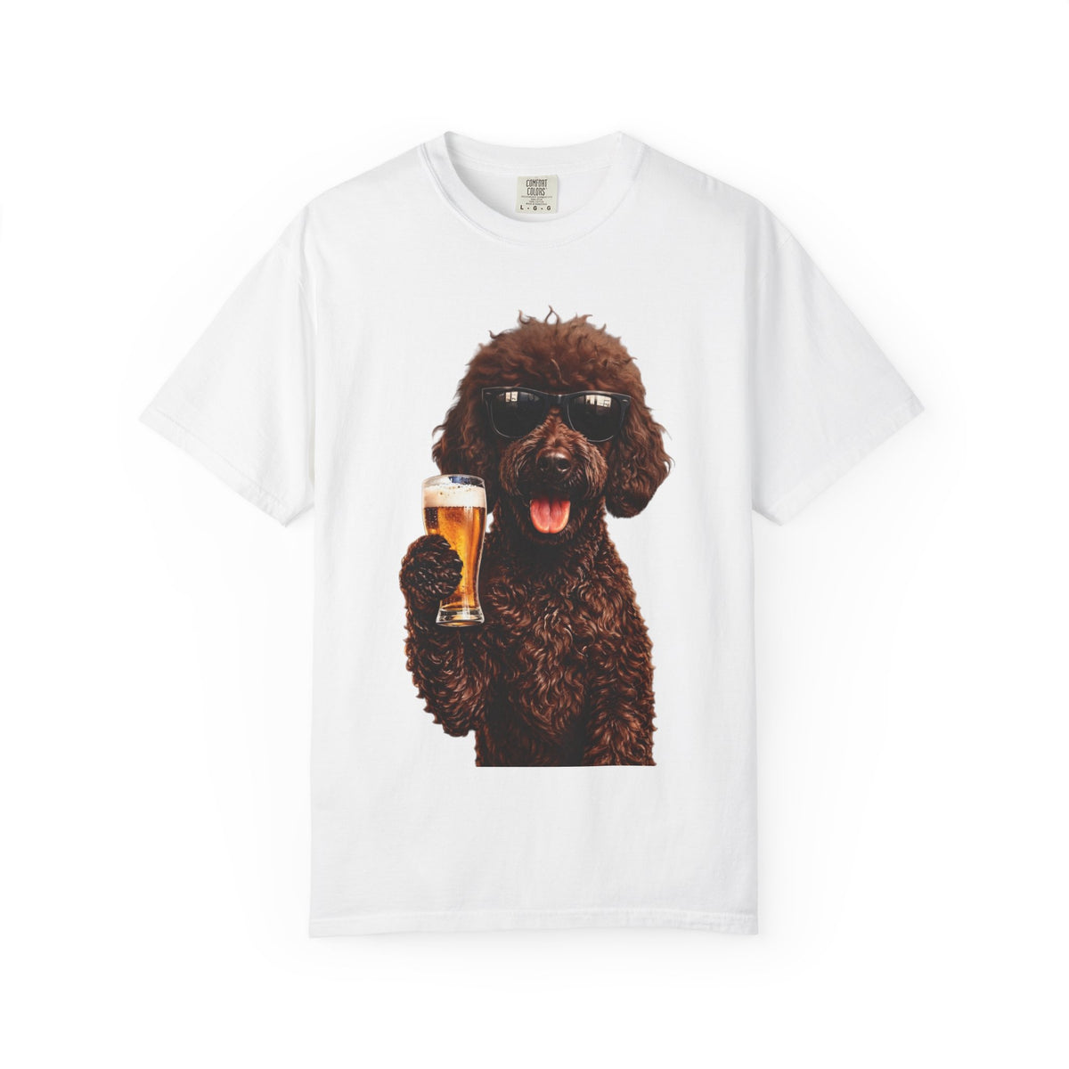 RED DOODLE — Sunglasses on. Beer in paw. Good times ahead.