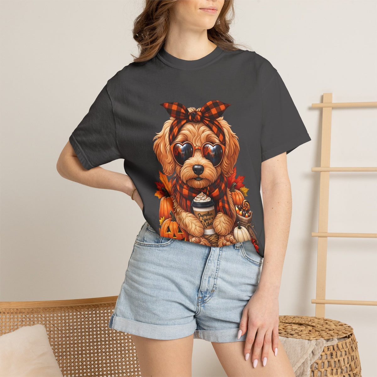 Funny Doodle Drinking Coffee & Sitting On Pumpkins Fall T-Shirt