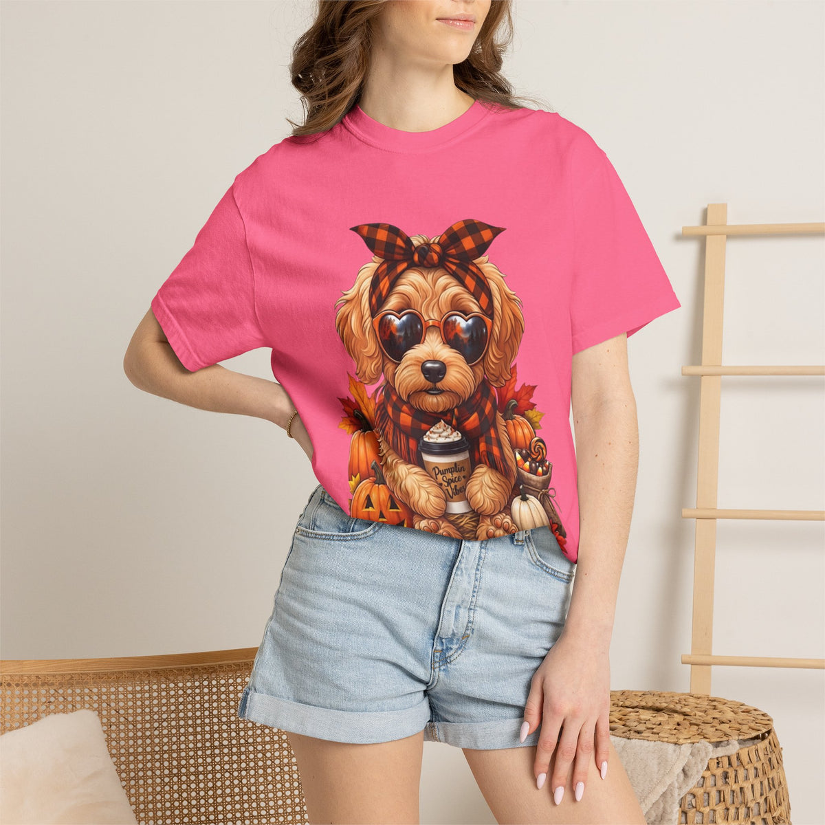 Funny Doodle Drinking Coffee & Sitting On Pumpkins Fall T-Shirt
