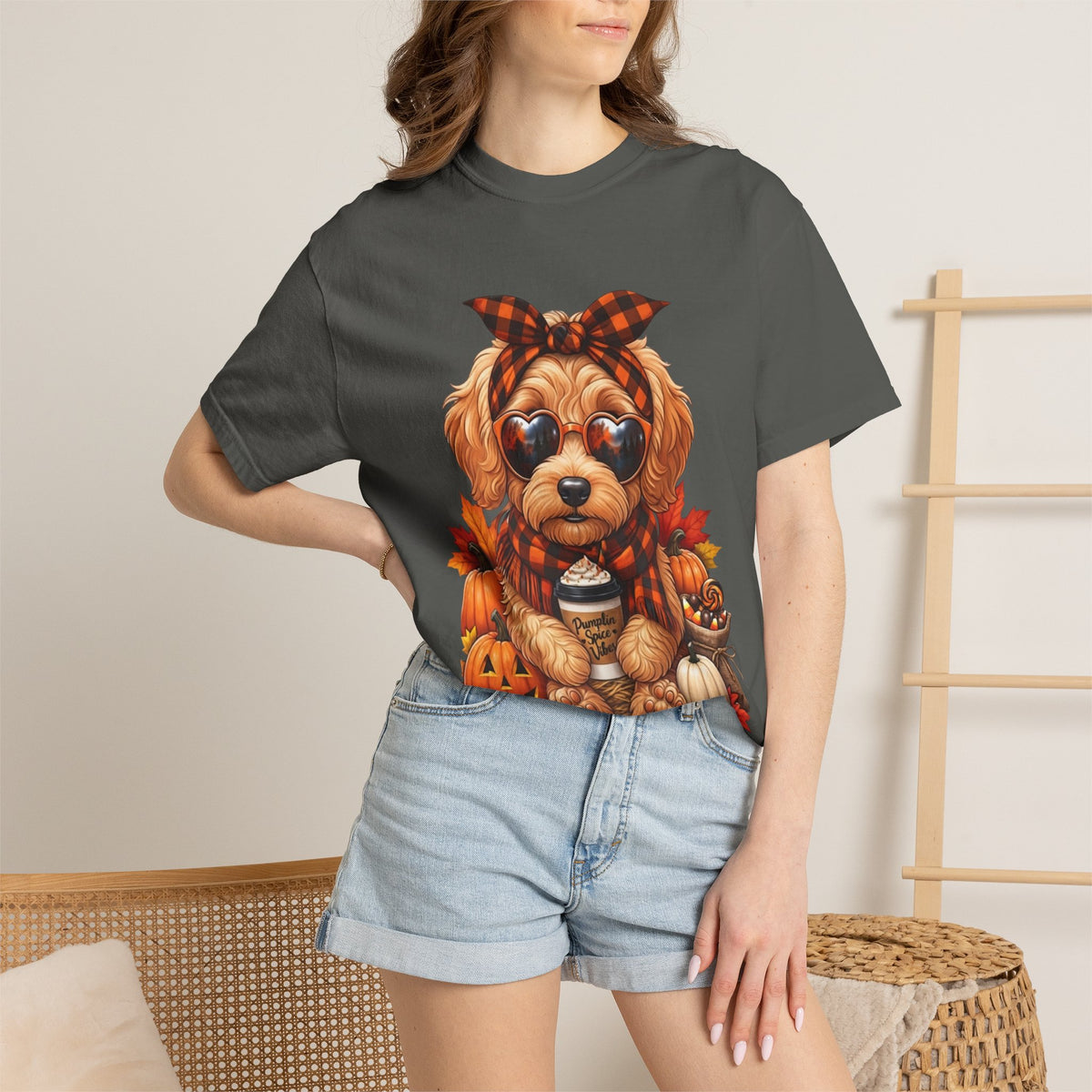Funny Doodle Drinking Coffee & Sitting On Pumpkins Fall T-Shirt
