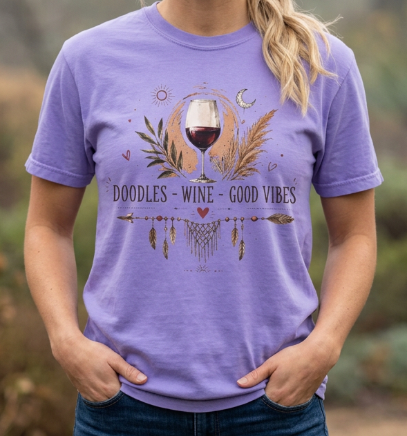 Doodle Dog Shirt - Doodles Wine Good Vibes - Doodle Dog Gift