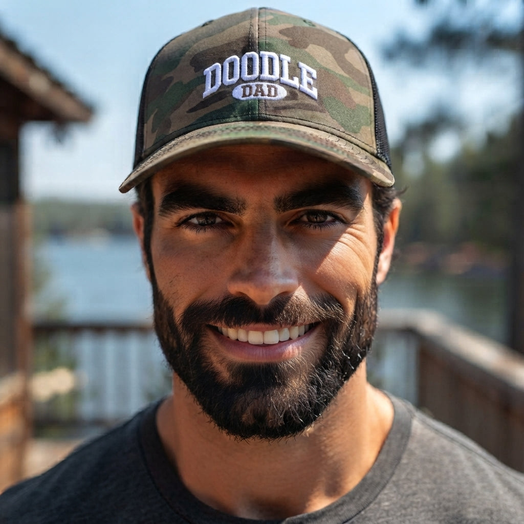 Embroidered Doodle Dad Camo Baseball Cap, Camouflage Dog Dad Hat, Goldendoodle Lover Gift for Him