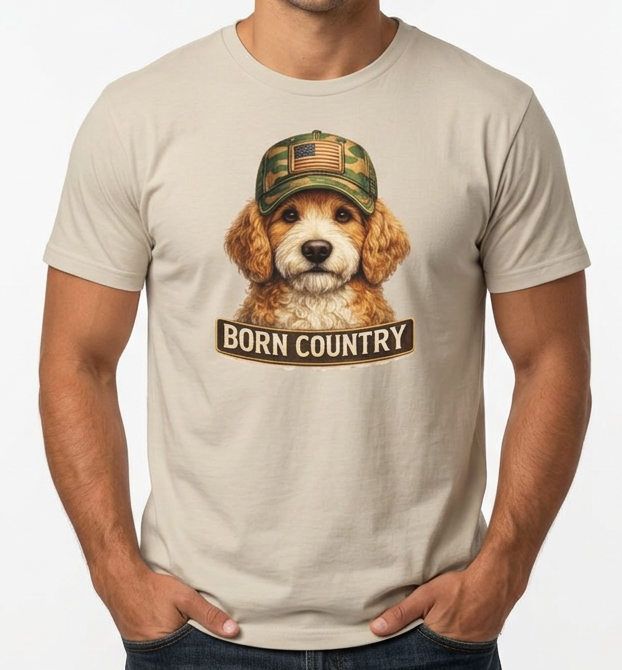 Born Country Doodle T-Shirt – Funny Camo Cap Dog Graphic Tee – Country Dog Dad Shirt