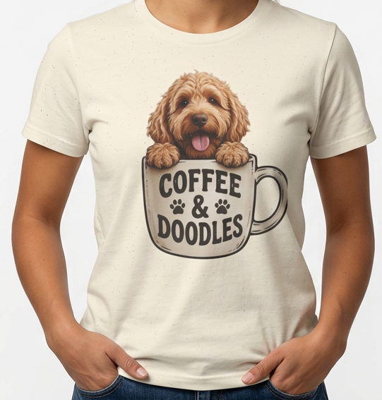 Coffee & Doodles T-Shirt – Cute Doodle Dog Mom Tee – Goldendoodle Lover Graphic Shirt