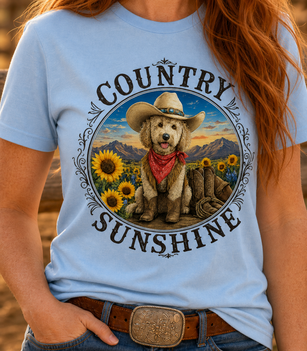 Country Sunshine Western T-Shirt – Doodle Dog Cowgirl Graphic Tee – Cute Western Dog Mom Shirt