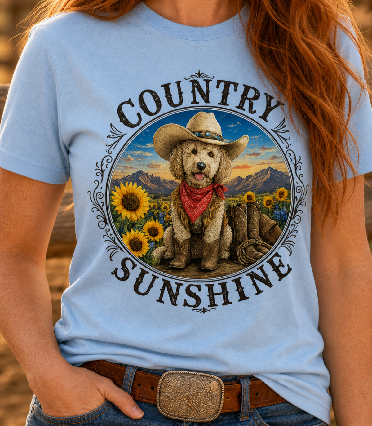 Country Sunshine Western T-Shirt – Doodle Dog Cowgirl Graphic Tee – Cute Western Dog Mom Shirt