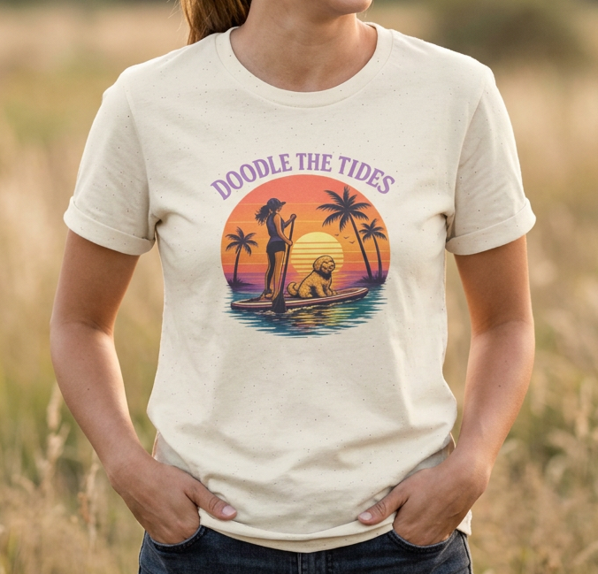 Doodle Dog Lover T-Shirt - Doodle The Tides Paddleboard T-Shirt | Woman and Doodle Dog on the Water | Gift for Paddleboarding Dog Moms