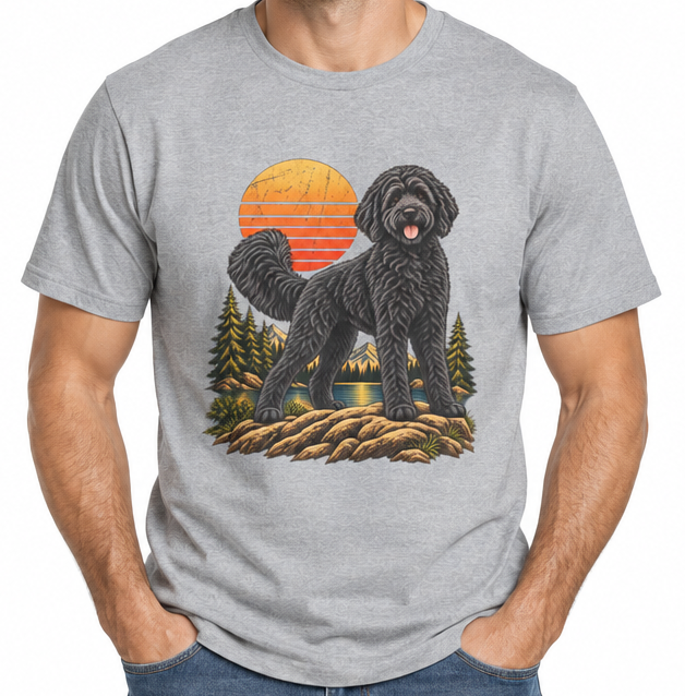 Black Labradoodle Shirt, Labradoodle Sunset Graphic Tee, Adventure Dog T-Shirt, Hiking Dog Lover Gift