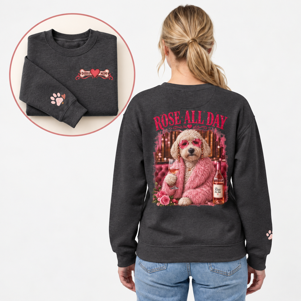 Rosé All Day Doodle Mom Sweatshirt, Vintage Dog Lover Crewneck, Pink Doodle Graphic, Gift for Wine & Doodle Lovers