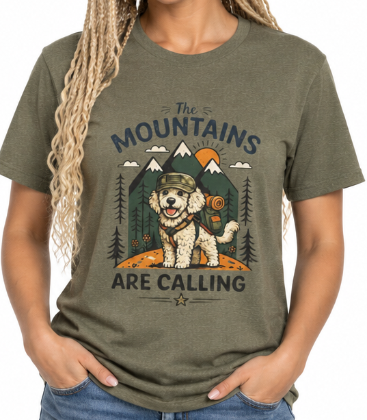 The Mountains Are Calling Doodle T-Shirt – Outdoor Adventure Dog Mom Tee – Goldendoodle Lover Shirt